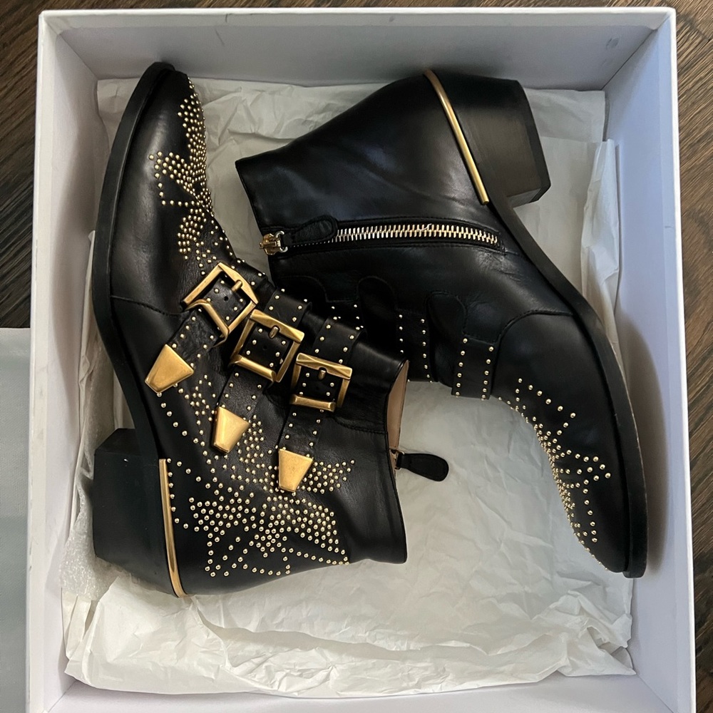 Chloe Leather Studded Patterned Western Boots